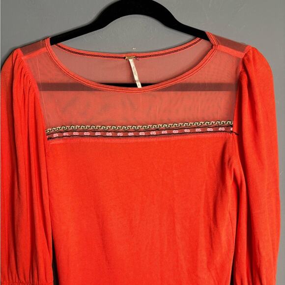 Free People Orange Top Mesh and Embroidered Detail & Bell Sleeves Size Small - Picture 2 of 6